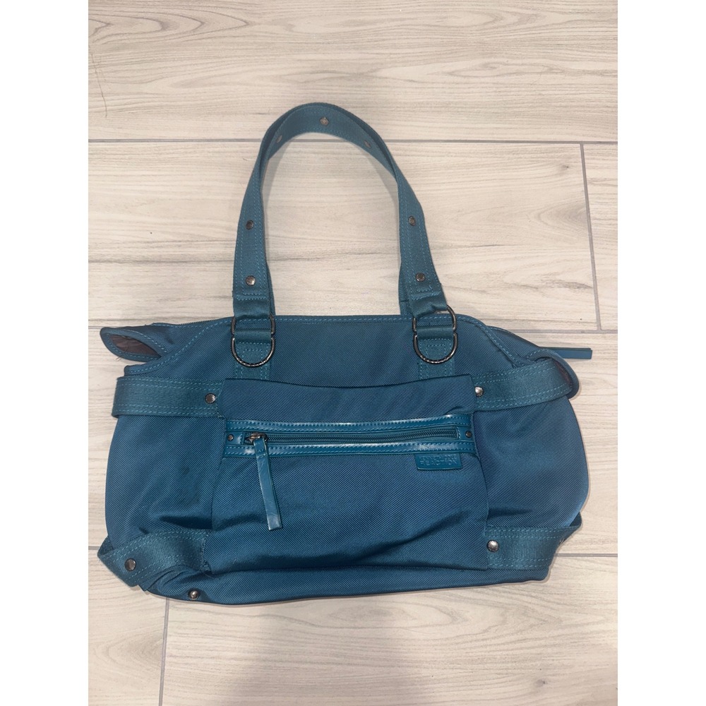 Kenneth Cole Reaction Teal Blue Nylon Studded Shoulder Bag Tote Multi-Pocket